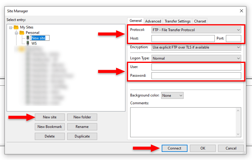 site manager filezilla