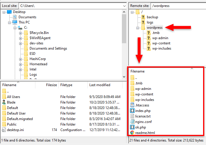 access wordpress files via FTP using filezilla