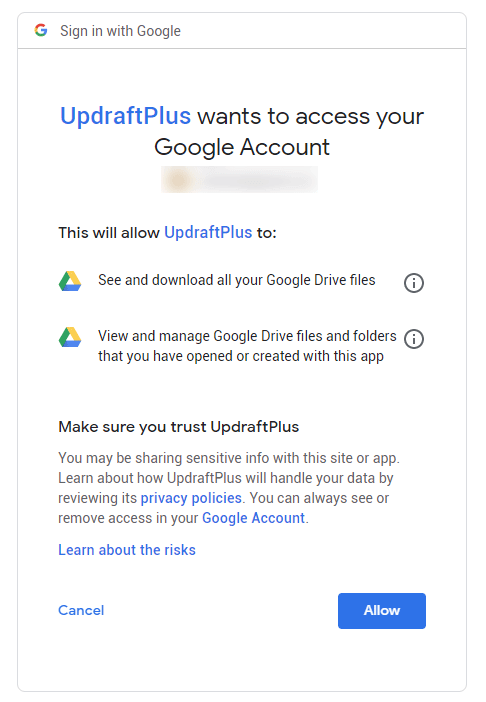 allows updraftplus access to google drive