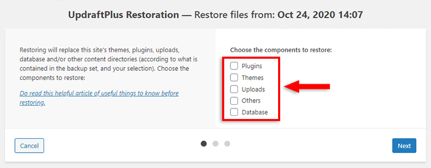 choose restore components updraftplus