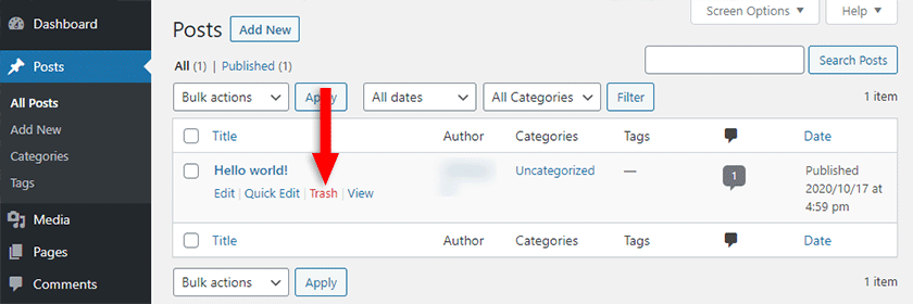 delete default post in wordpress