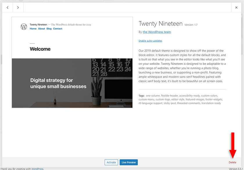 delete wordpress theme