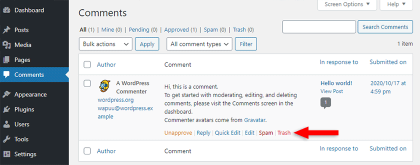 delete wordpress comment