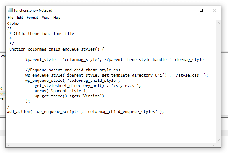 edit wordpress functions.php in notepad