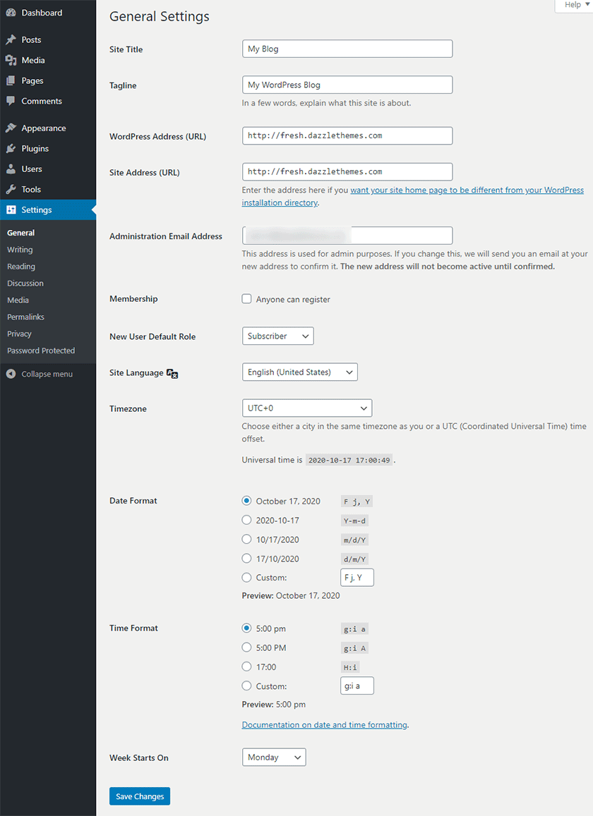 general settings wordpress