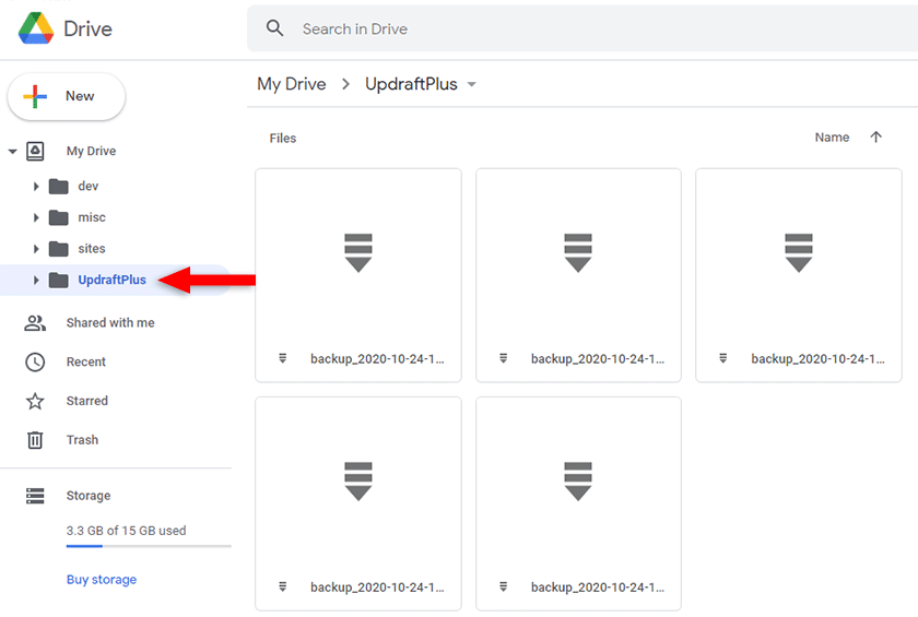 google drive updraftplus folder with wordpress backup files