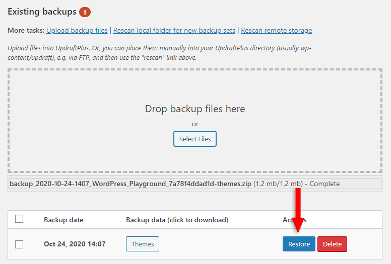 restore uploaded wordpress files in updraftplus