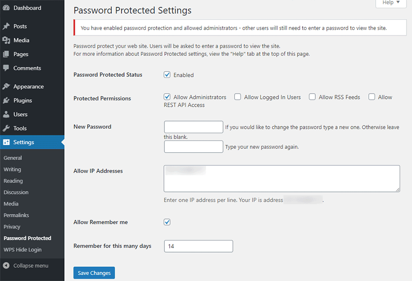 password protected plugin settings