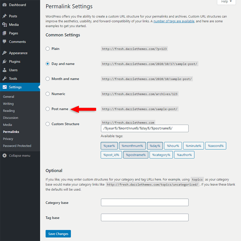 permalinks settings in wordpress