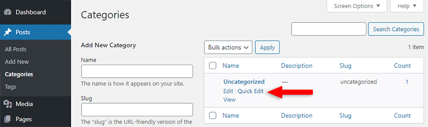 edit uncategorized category in wordpress