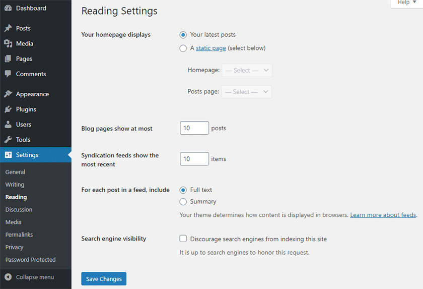 reading settings in wordpress