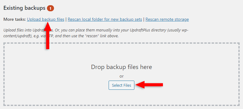 upload wordpress backup files to updraftplus