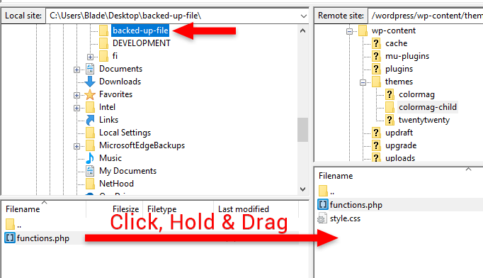 upload functions.php wordpress file in filezilla