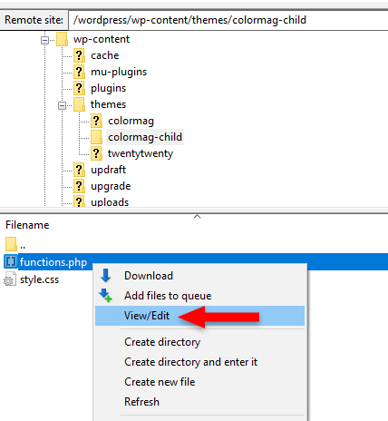 edit wordpress file in filezilla