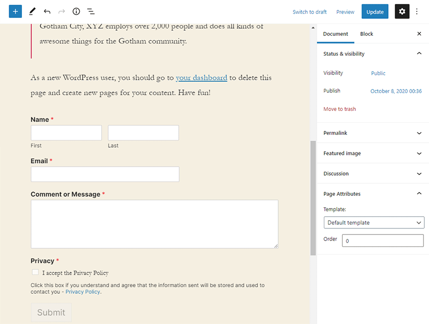 wpforms contact form preview in gutenberg