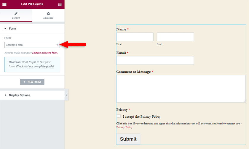 select contact form in elementor