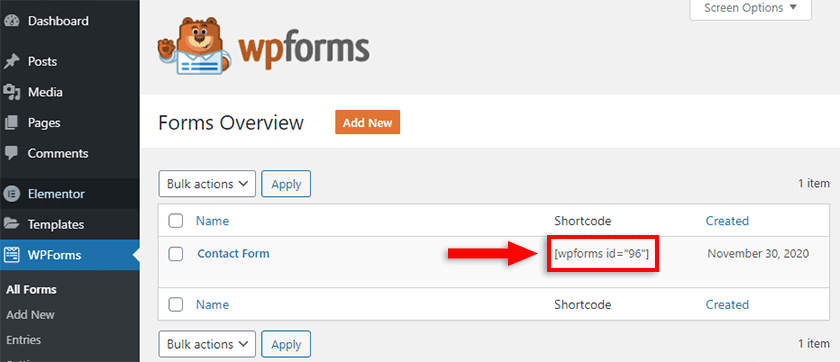 copy wpforms contact form shortcode