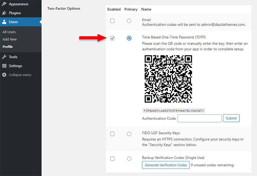 two-factor plugin's totp option