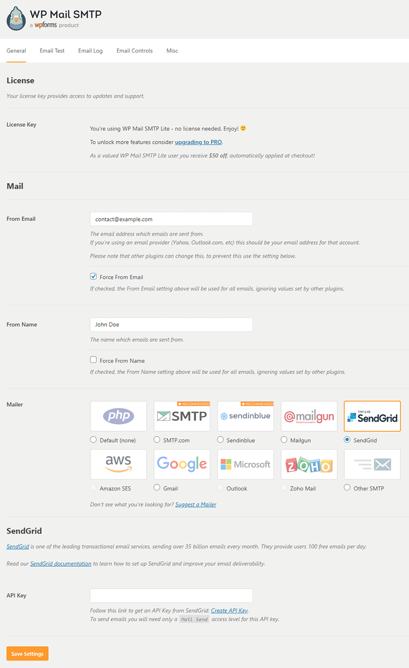 wp mail smtp plugin general settings