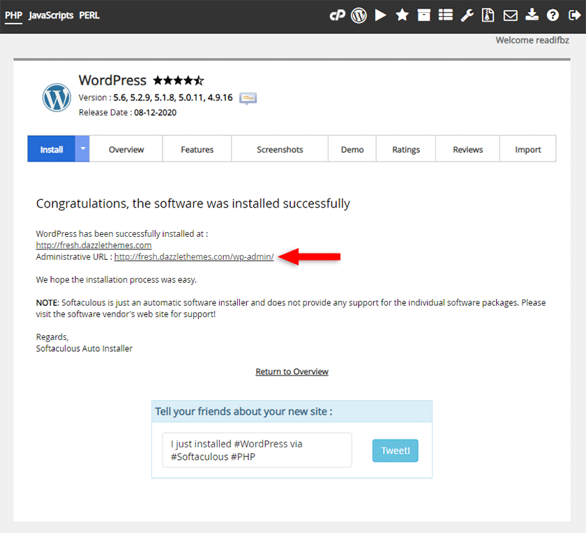 wordpress installation successful with softaculous