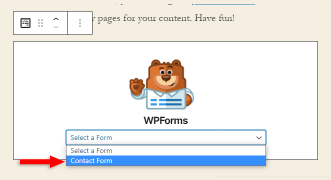 select contact form from wpforms block