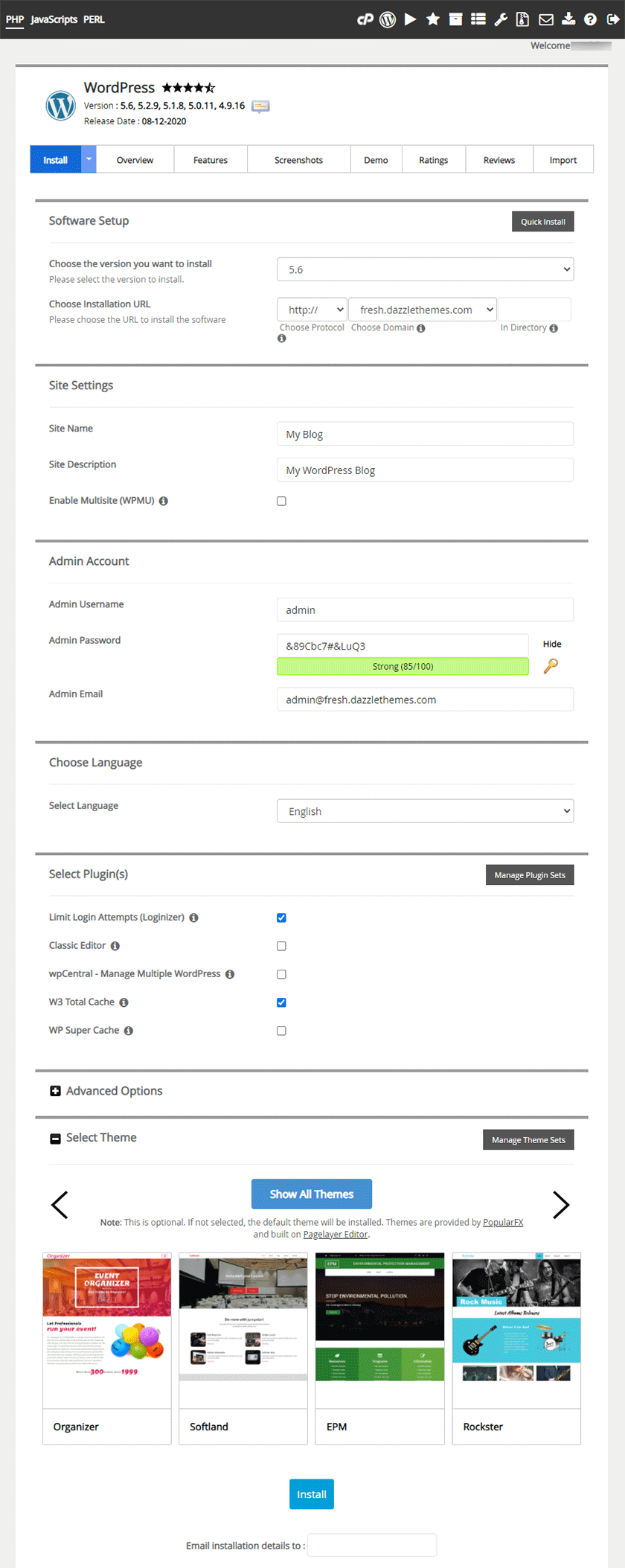 softaculous wordpress settings