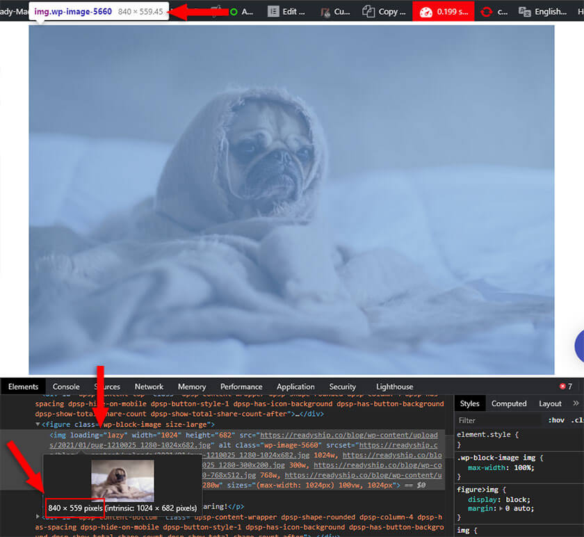 find image dimensions in wordpress using chrome's inspect tool