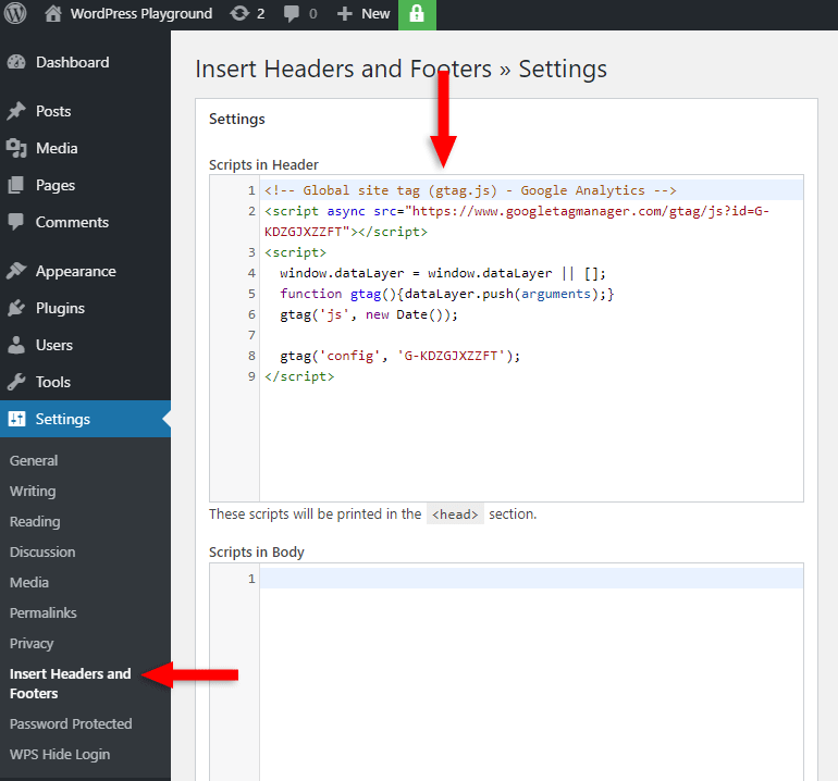 add google analytics code in wordpress using the insert headers and footers plugin