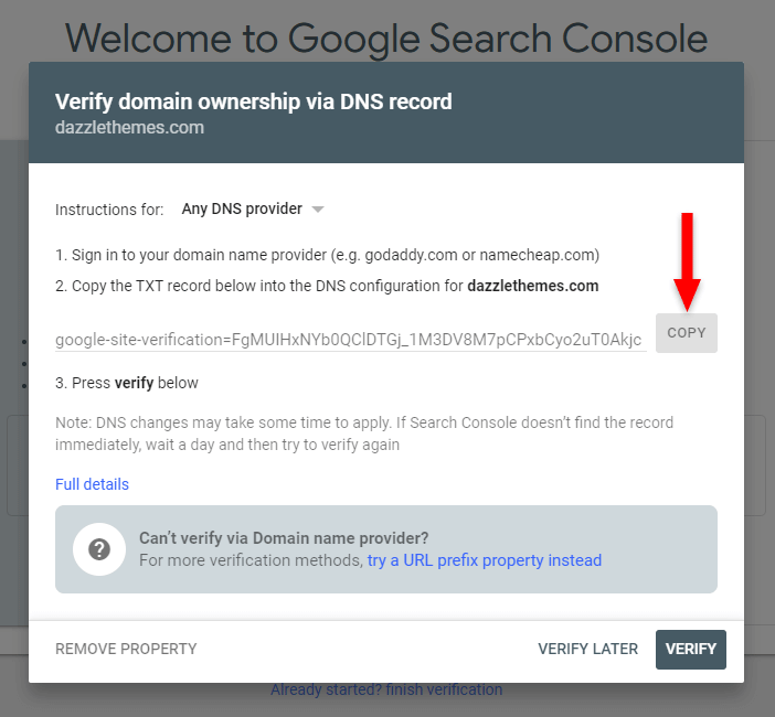 google search console dns record verification