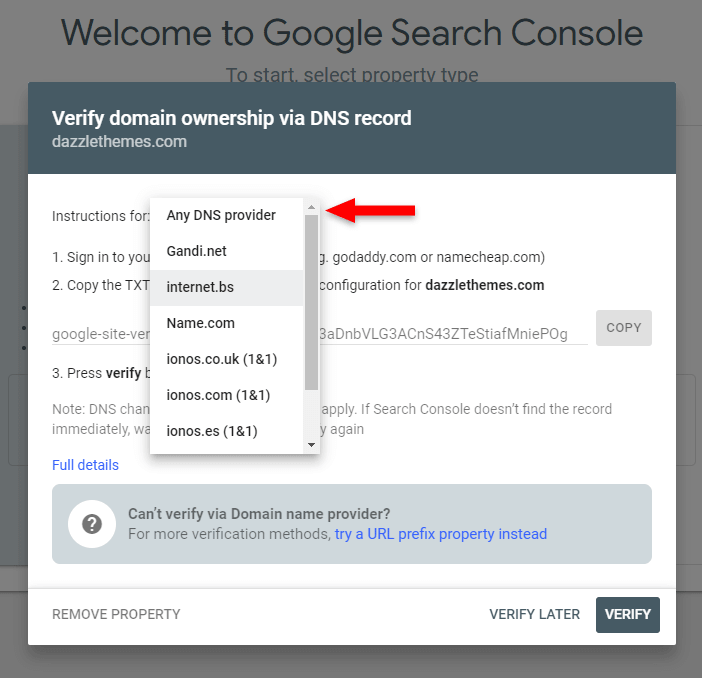 google search console dns provider instructions