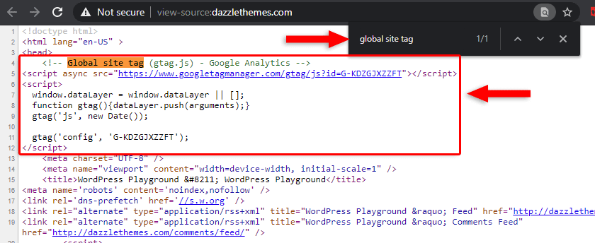 checking the google analytics code in the wordpress website's source code