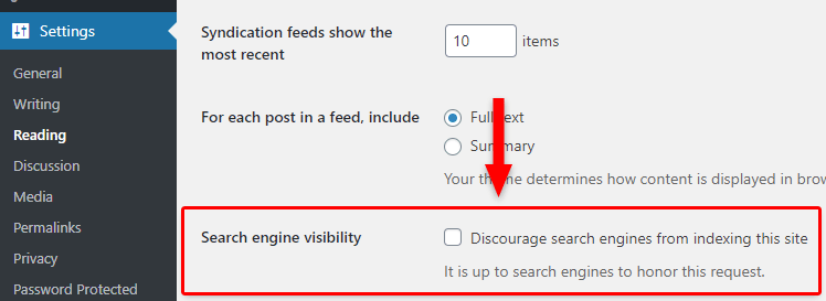 search engine visibility in wordpress settings