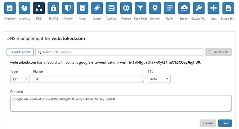 Adding a Google Search Console TXT record in Cloudflare