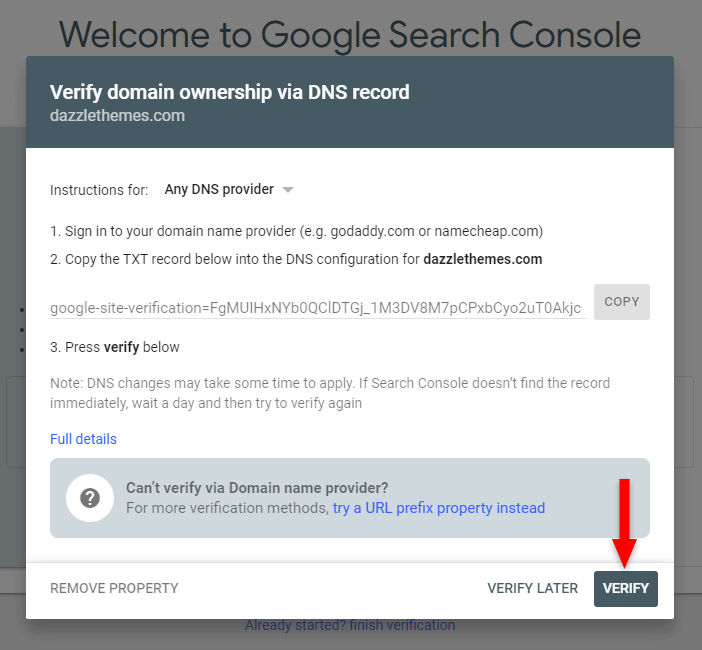 verify dns record in google search console