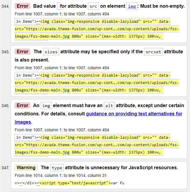 w3 validator warnings and errors