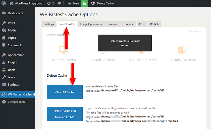 clear all cache from wp fastest cache