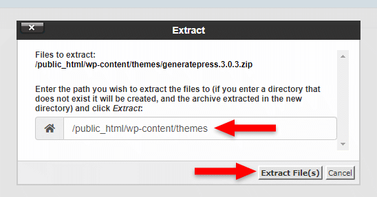 extract files path in cpanel