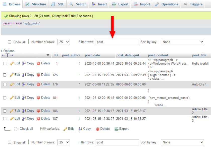 filter rows in phpmyadmin