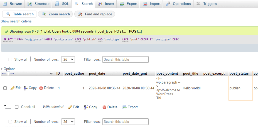 sorted published wordpress posts in phpmyadmin 