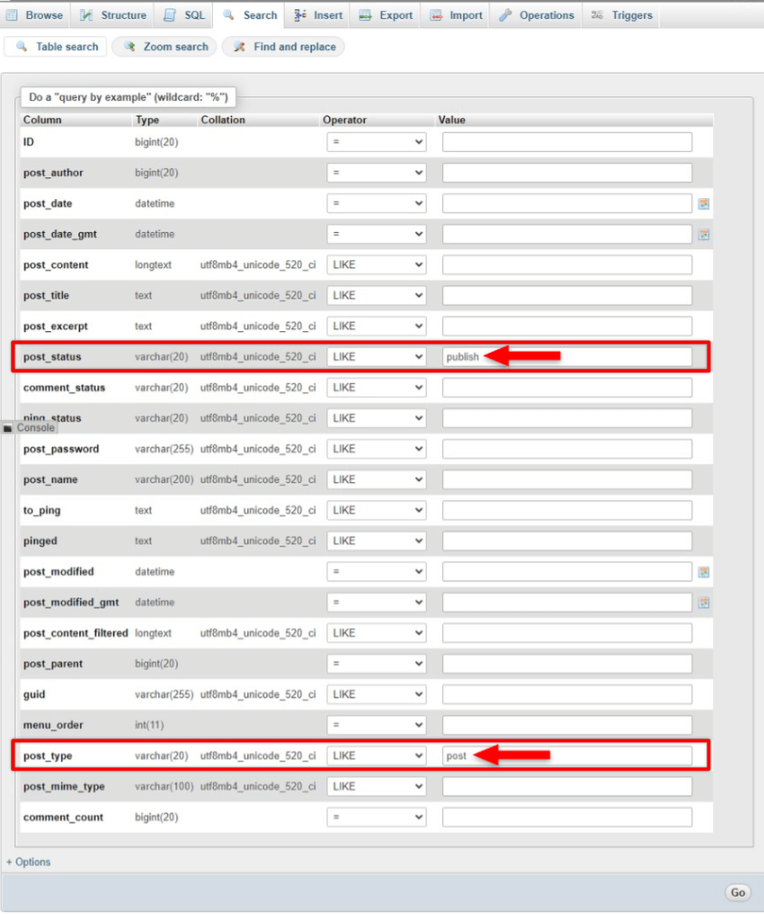 table search in phpmyadmin