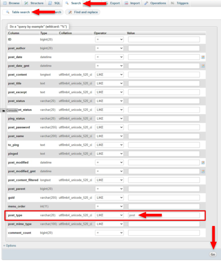 table search in phpmyadmin