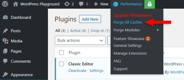 purge all caches in w3 total cache plugin