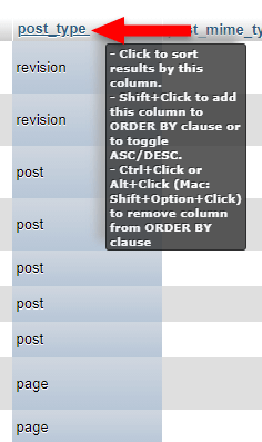 sort post_type column in phpmyadmin