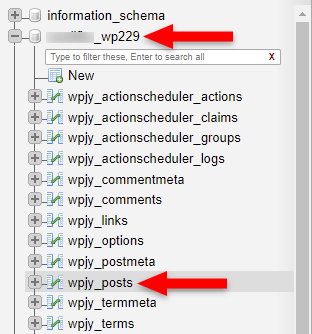 selecting wordpress database and posts table in phpmyadmin