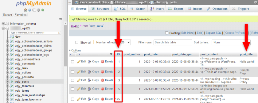 wordpress post ids in phpmyadmin