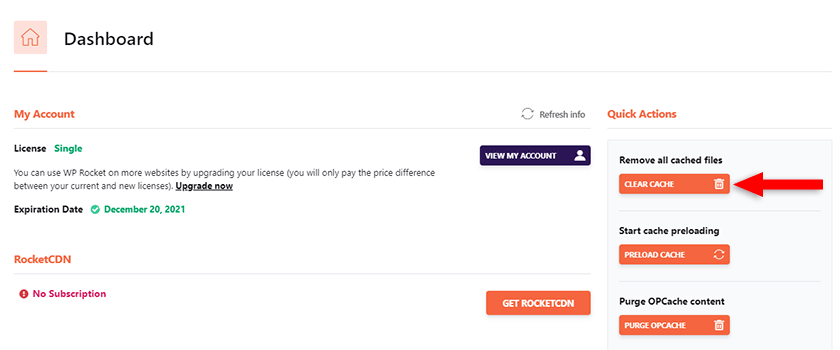 clear wordpress cache from wp rocket dashboard