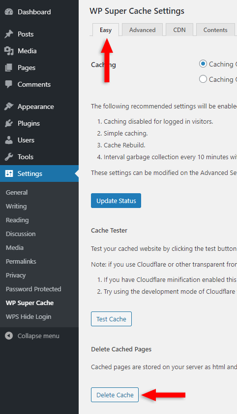 delete cache wp super cache