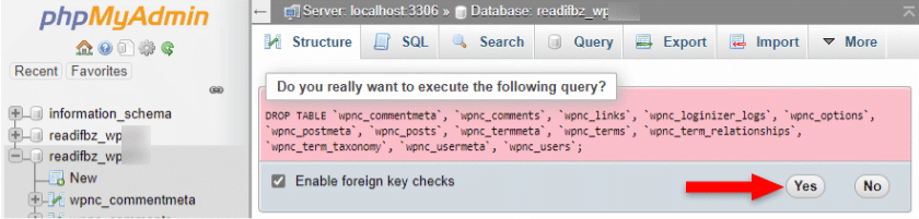 confirm deleting tables from database in phpmyadmin