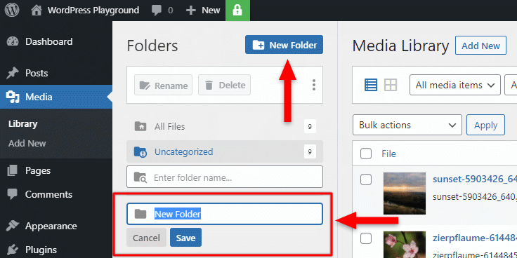 create new folder in wordpress media library