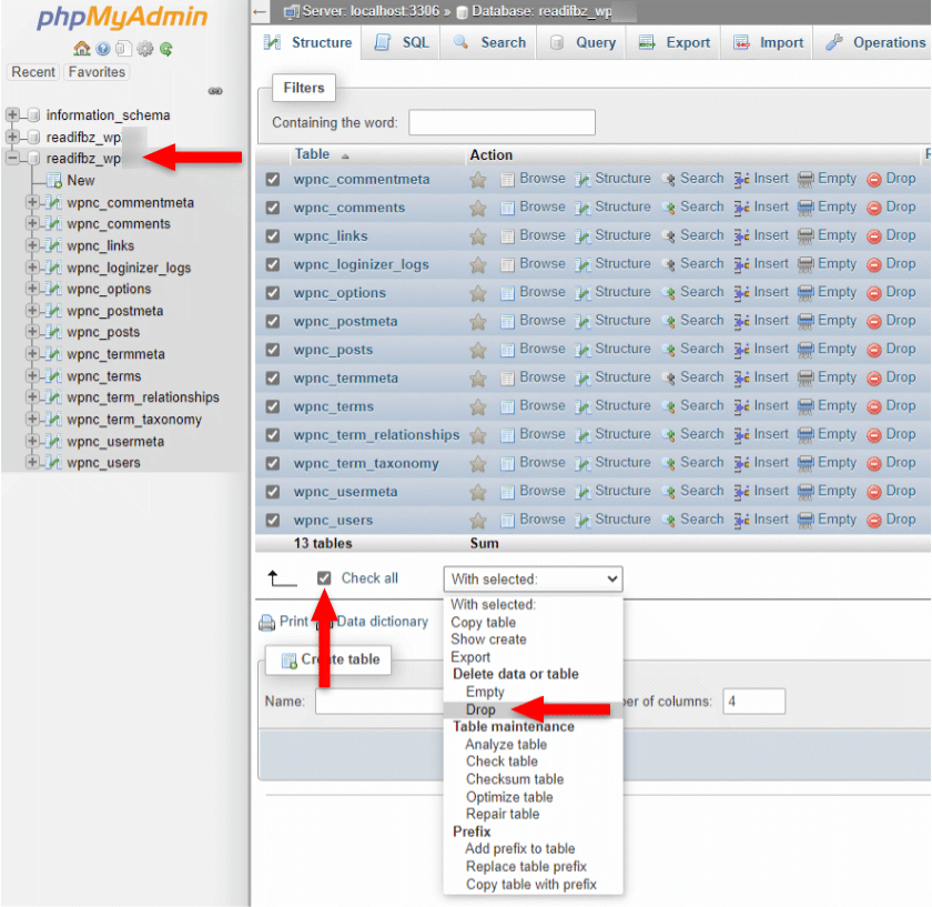 delete wordpress database tables in phpmyadmin